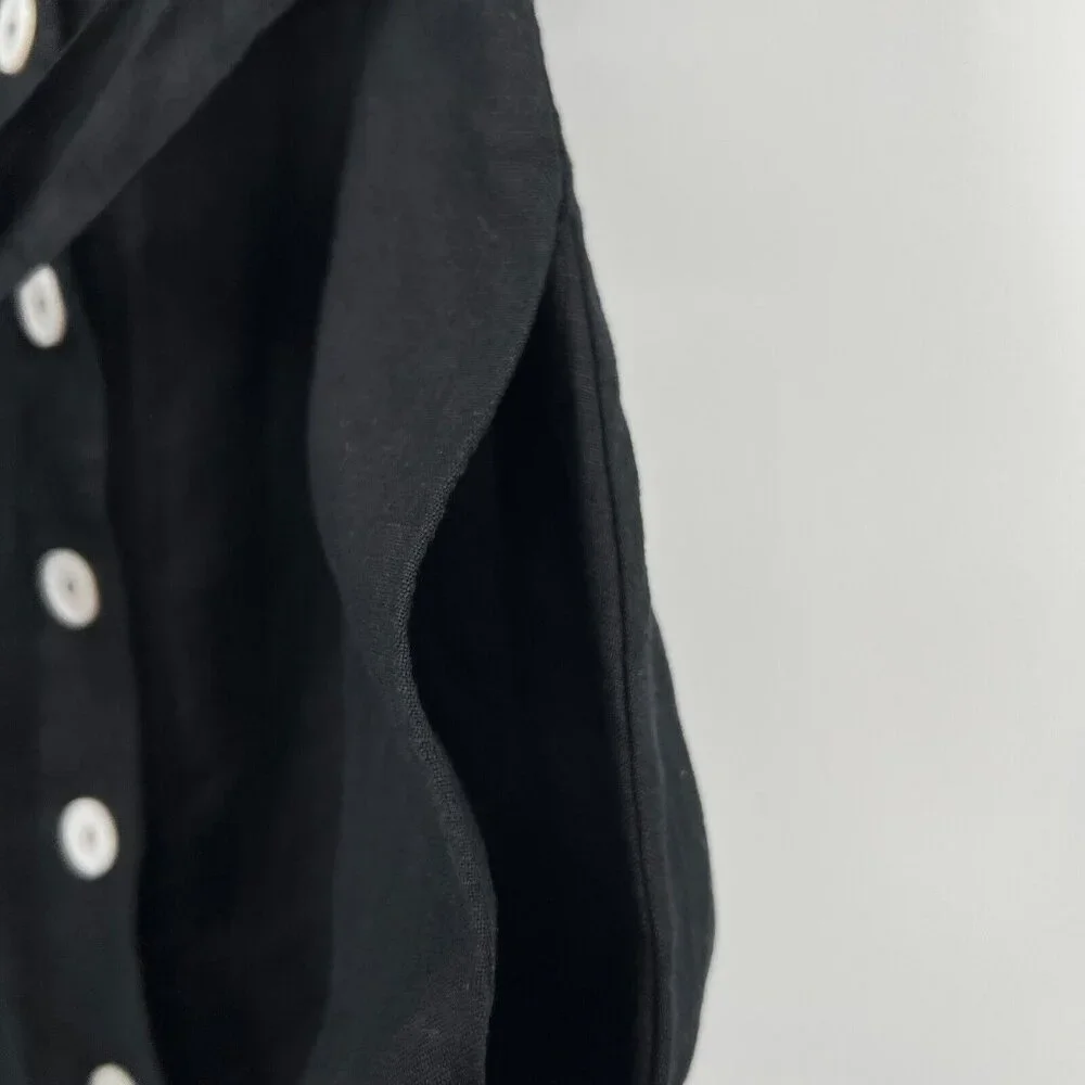 Quince Women's Black Linen Button Front Dress sz M Midi A-Line Belt Short Sleeve - Picture 6 of 9